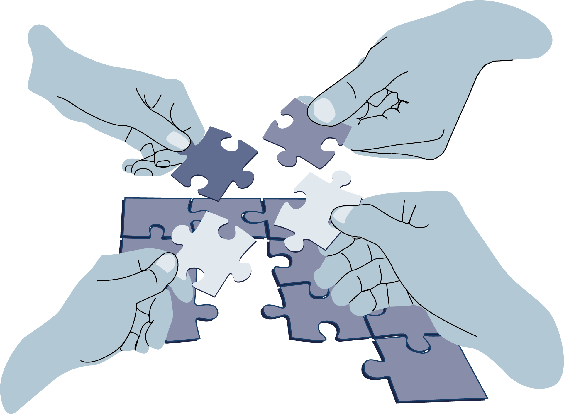 Multiple hands putting puzzle pieces together